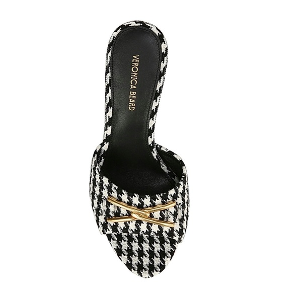 Veronica Beard Houndstooth black white gold hardware Leather Sandals NEW - Picture 3 of 5